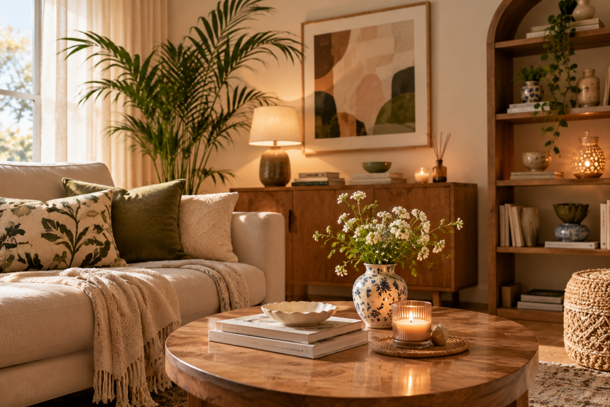 Cozy home decor arrangement with stylish decorative pieces in a warm living space