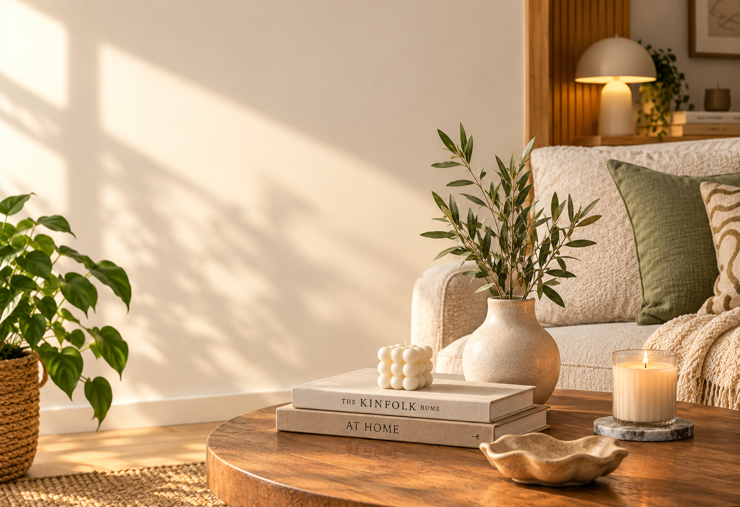Warm, cozy home décor interior featuring stylish home accessories, ceramic vases, decorative candles, coffee-table books, cushions, indoor plants, and natural wood accents in a neutral living space.